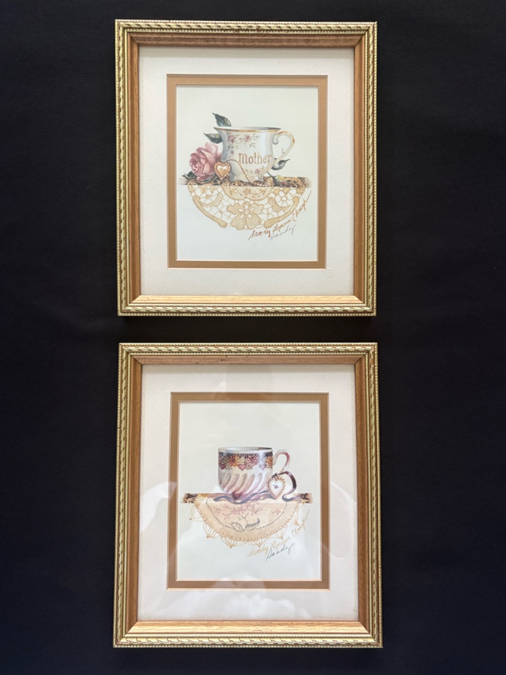 Vintage Sandy Lynam Clough Framed Teacup Prints Set of 2 Gold Frames